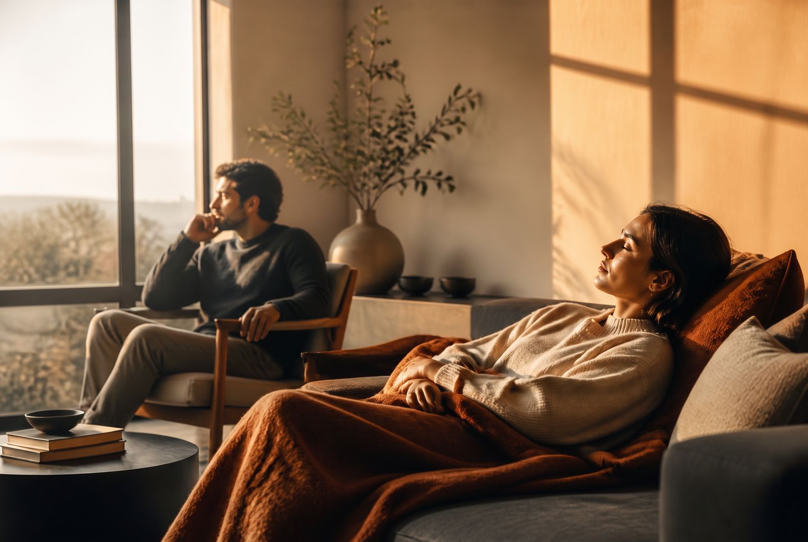 Homem e mulher em momentos de calma num espaço acolhedor com luz âmbar suave